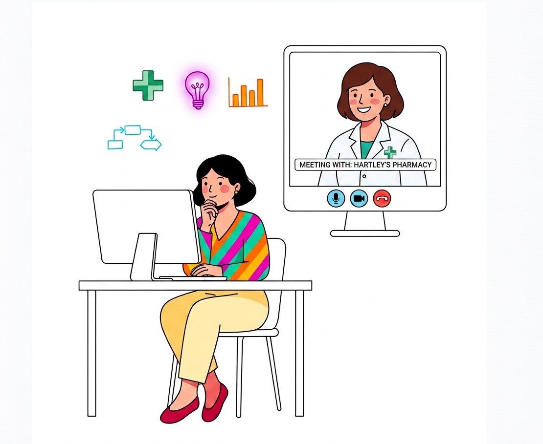 A business analyst on a video call with Hartley's Pharmacy