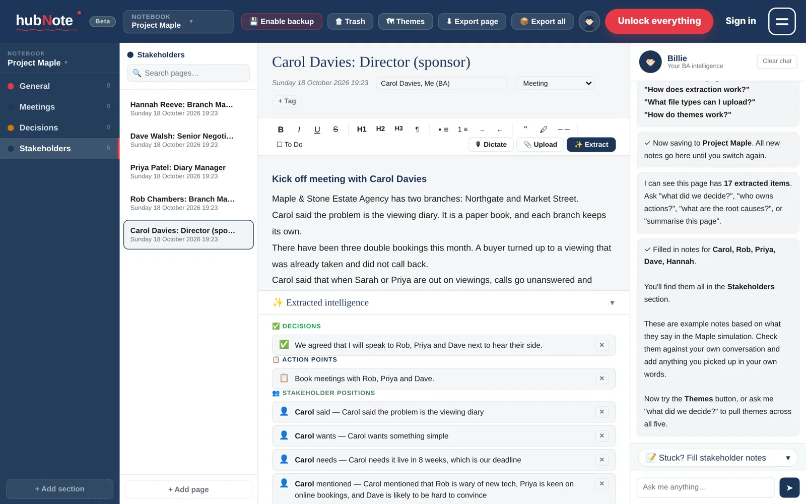 HubNote with stakeholder notes and decisions pulled out