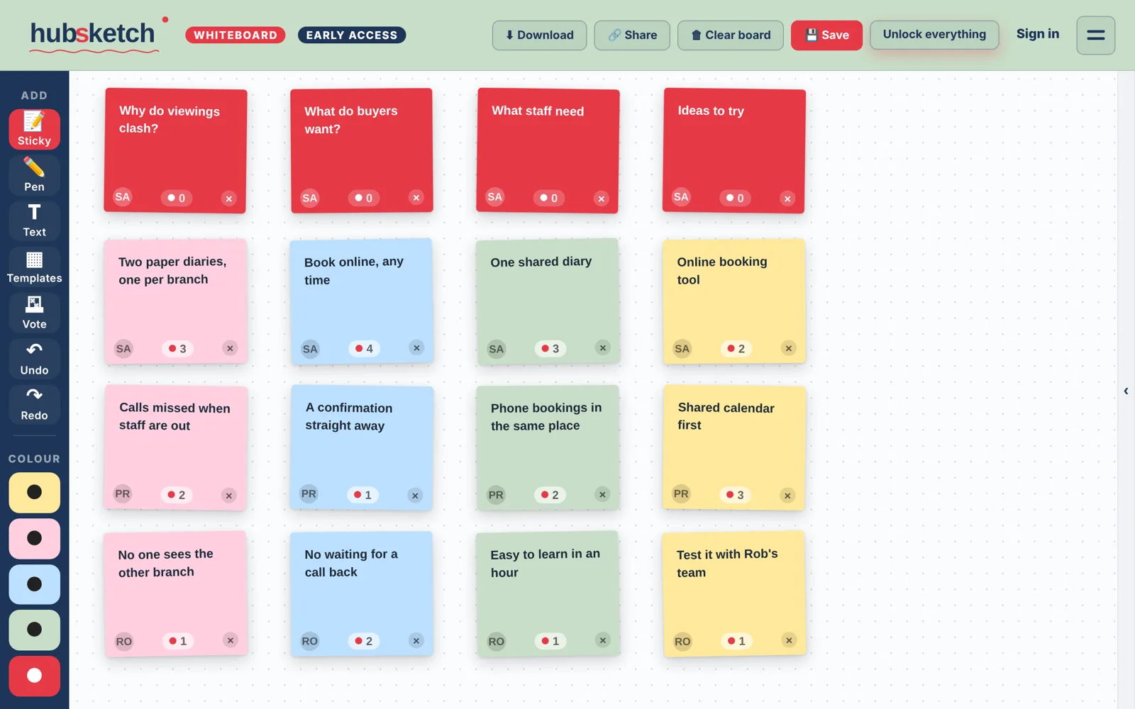 HubSketch board with sticky notes and votes