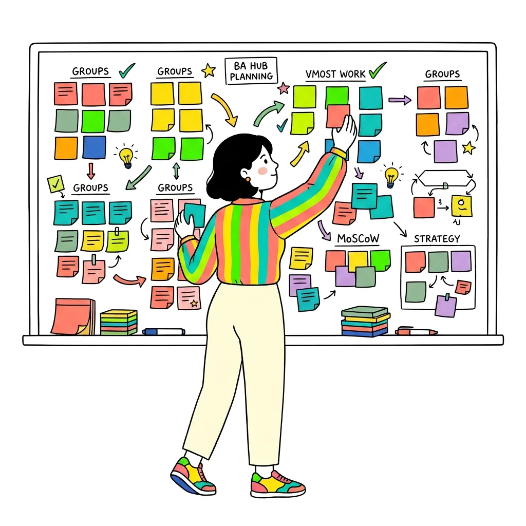 Business analyst at whiteboard with post-its